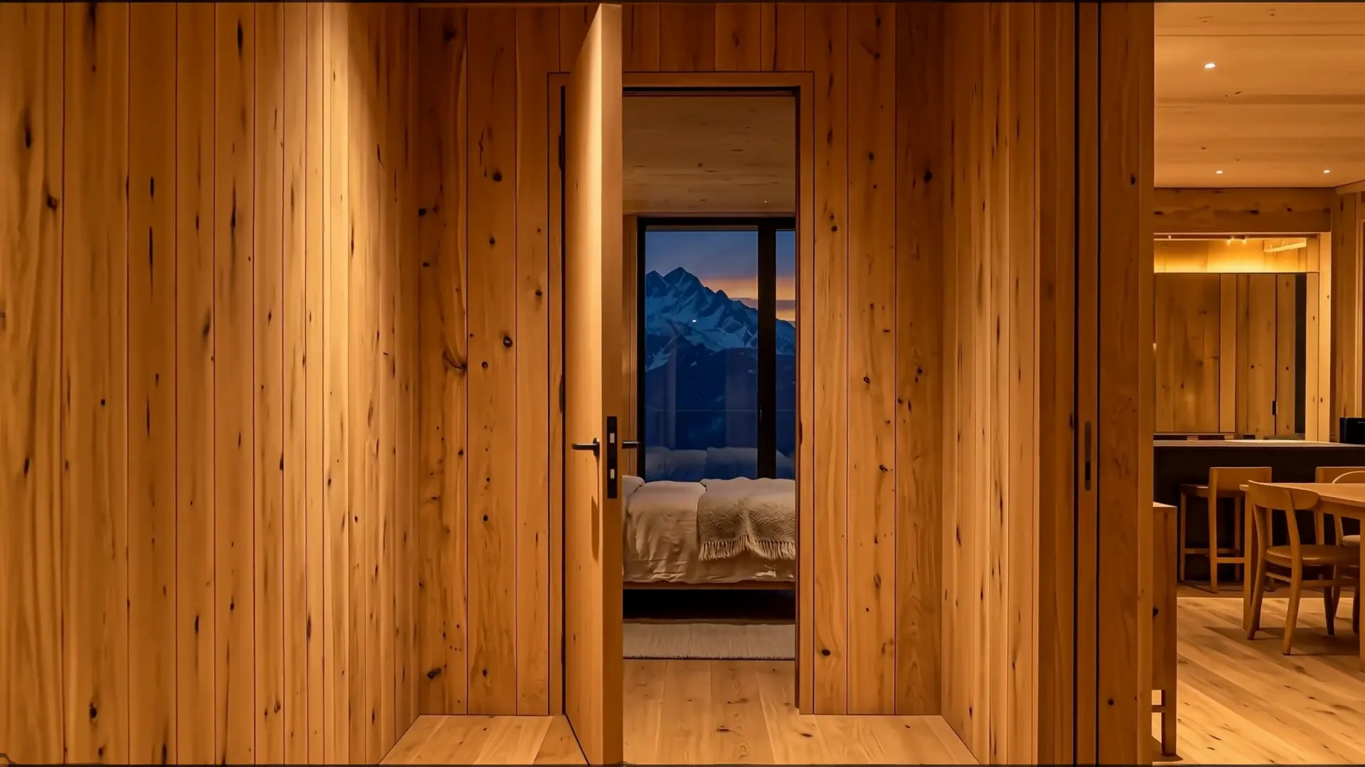 Porta interna in rovere aperta sulla camera da letto con vista sulle montagne